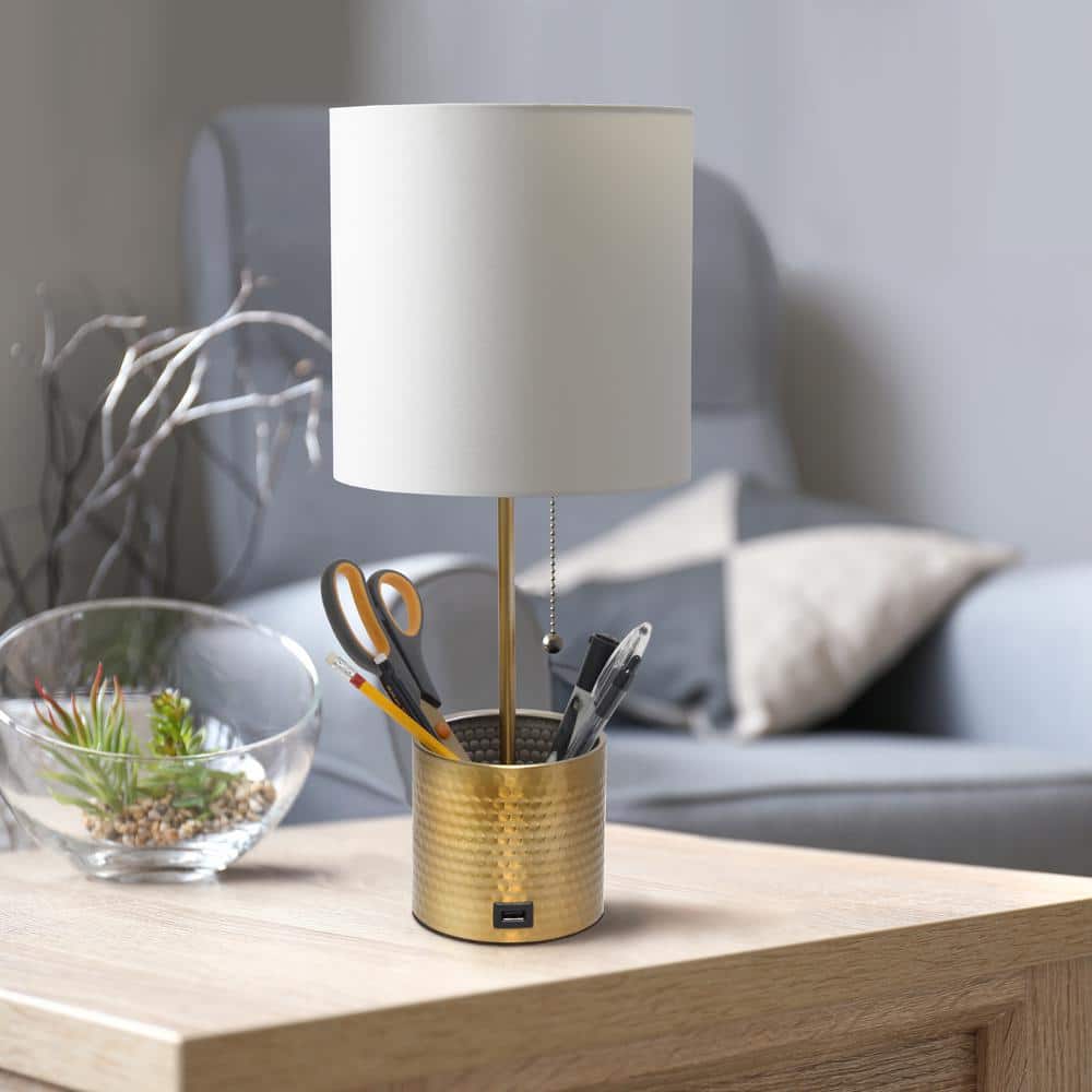 Gold Hammered Metal Nightstand Lamp with White Fabric Shade and USB Port