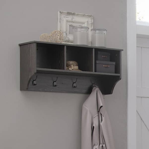 Woodbury Weathered Woodgrain Entryway Wall Coat Rack Storage with Hooks and Open Cubby Shelves for Hallway
