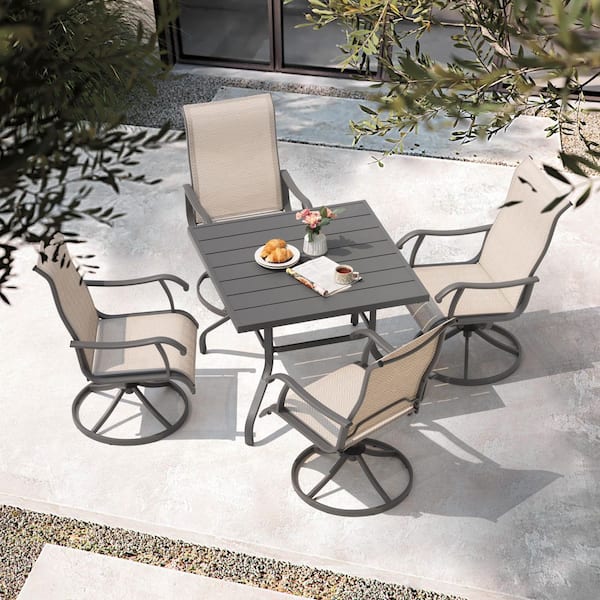 Gray 5-Piece Metal Square Outdoor Dining Set with 4 Swivel Textilene Chairs and Umbrella Hole