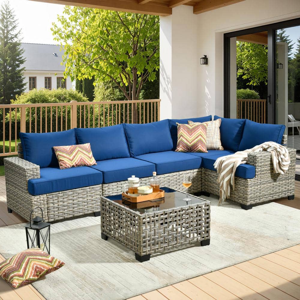Tiberte Gray 6-Piece Wicker Patio Conversation Seating Set with Navy Blue Cushions price history on PriceWatchPro