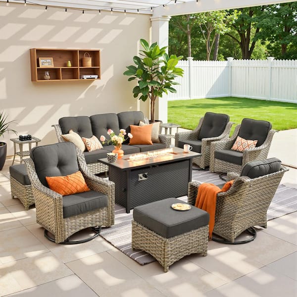 Cherry 10-Piece Wicker Outdoor Furniture Patio Fire Pit Conversation Sofa Set with Swivel Chairs and Black Cushions