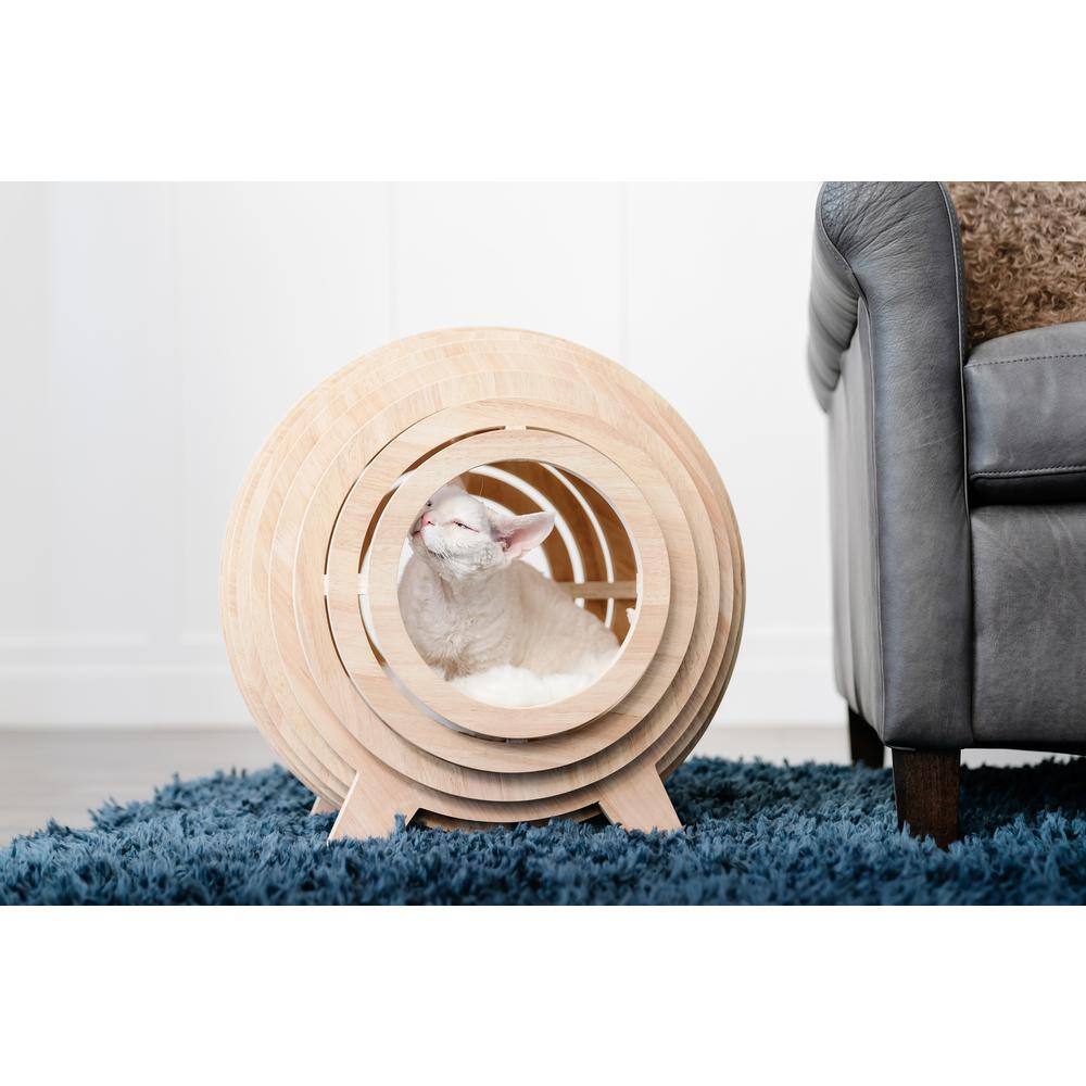Medium Beige Wooden Sphere Cat Bed with Faux Fur Cushion