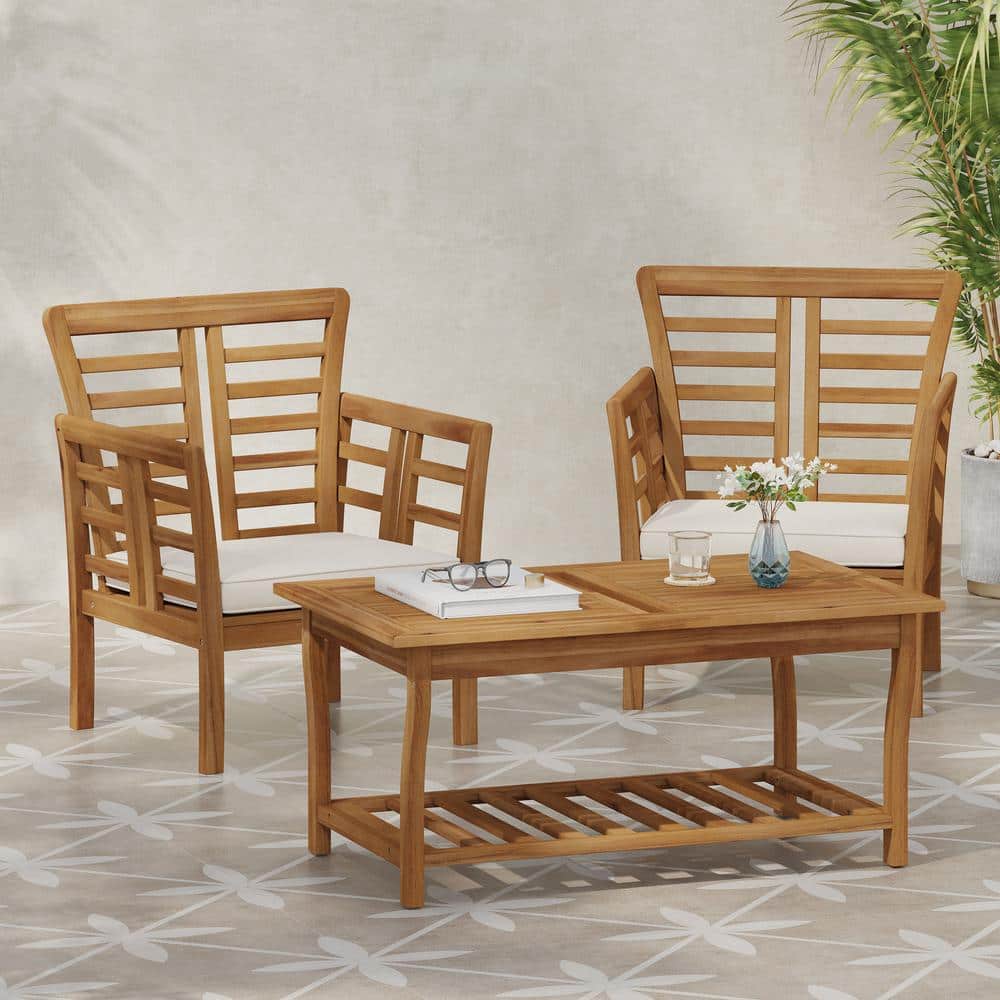 3-Piece Outdoor Wood Patio Conversation Set with Removable Cushion, Side Ta