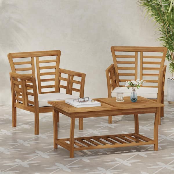 Unbranded 3-Piece Outdoor Wood Patio Conversation Set with Removable Cushion, Side Table for Yard, Porch, Poolside, Garden Brown