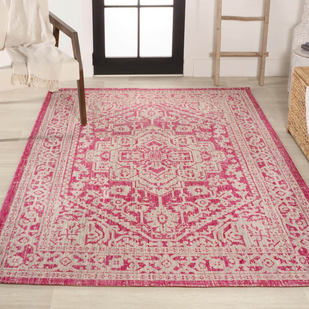 Fuchsia and Light Gray Medallion Synthetic 8' x 10' Area Rug