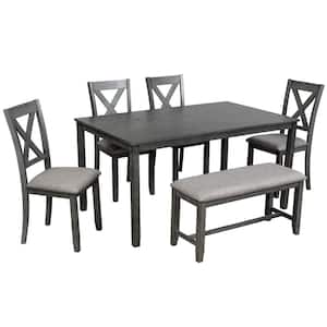 Gray 6-Piece Wood Outdoor Dining Set with Gray Cushions