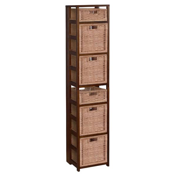Regency Nemus 67 in. H Mocha Walnut and Natural Wood 6-Shelf Square Folding Standard Bookcase with Wicker Storage Baskets