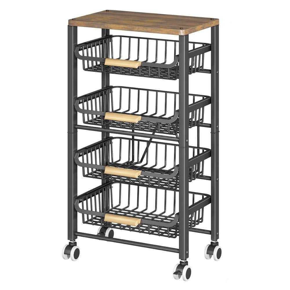 Black Metal Fruit Basket Kitchen Cart Wood Top Wheels, 5-Tier Large Pull-Ou