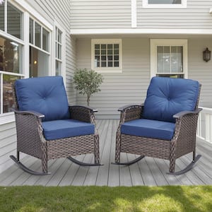 Nyajiah Dark Brown Rocking Wicker Outdoor Lounge Chair with Blue Cushions (2-Pack)