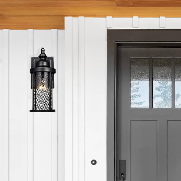 Stewart 16 in. 1-Light Black Outdoor Wall Light Fixture with Mesh Frame and Clear Glass