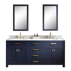 Madison 72 in. Bath Vanity in Monarch Blue with Carrara White Marble Vanity Top with White Basins
