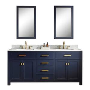 Madison 72 in. Bath Vanity in Monarch Blue w/Carrara White Marble Vanity Top w/White Basins and Mirrors