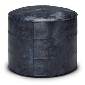 Connor Boho Round Pouf in Distressed Navy Blue Genuine Leather