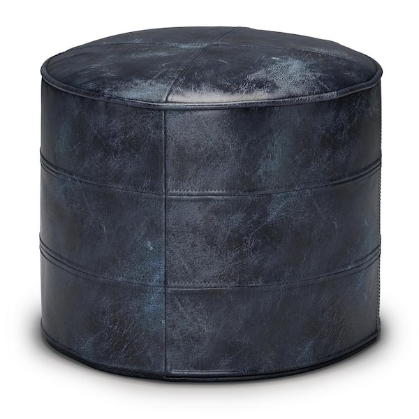 Simpli Home Connor Boho Round Pouf in Distressed Navy Blue Genuine Leather