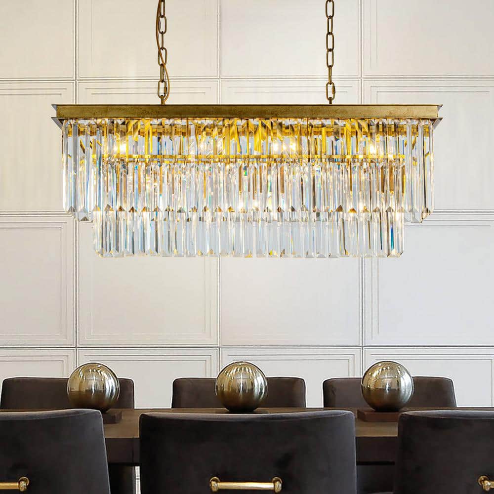 33 in. 11-Light Modern Luxury Rectangle Fringe Crystal Chandelier in Matte 