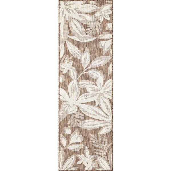 Tayse Rugs Eco Floral Brown 2 ft. x 8 ft. Indoor/Outdoor Runner Rug