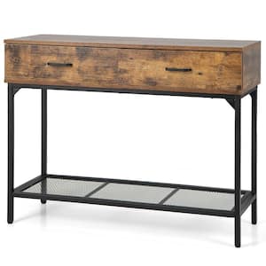 39.5 in. Rustic Brown Rectangle Wood Top Console Table Industrial Large Drawers Storage Shelf