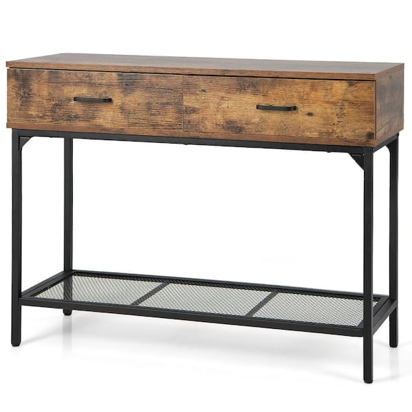 Costway 39.5 in. Rustic Brown Rectangle Wood Top Console Table Industrial Large Drawers Storage Shelf