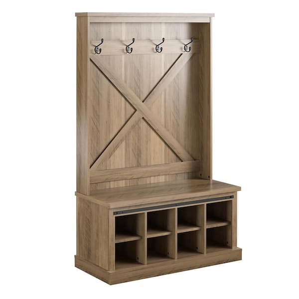 Ameriwood Home Rustic Oak Bayshore Heights Entryway Bench Hall Tree with Coat Hooks and Shoe Storage