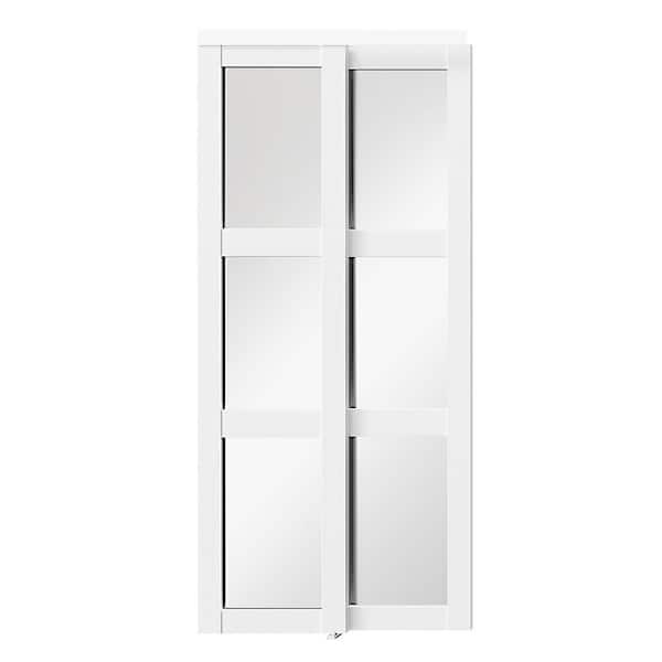48 in x 80 in, MDF Solid Core, Mirrored Glass, 3 Lite, PVC Covering, White Sliding Door with All Hardware