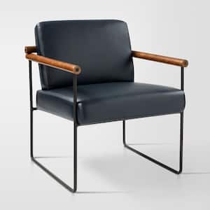 Juan Navy Modern Leather Arm Chair with Metal Base and Solid Wood Arm and Back