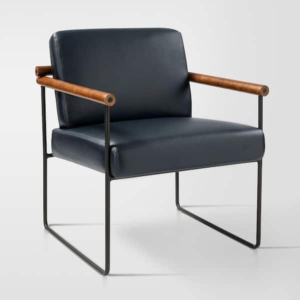 JAYDEN CREATION Juan Navy Modern Leather Arm Chair with Metal Base and Solid Wood Arm and Back