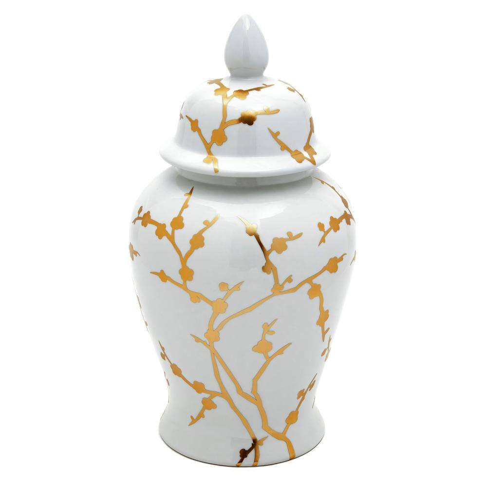 18" White and Gold Porcelain Temple Jar with Glossy Finish