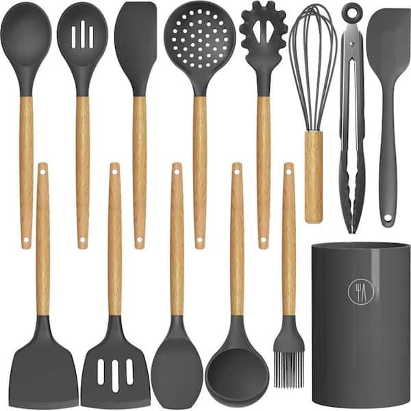Silicone Cooking Utensil Set with Spatula, Turner Tongs, Spoon, Whisk, and Kitchen Gadgets for Nonstick Cookware, Gray
