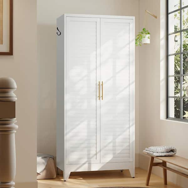 White Metal Wardrobe Closet with 2 Doors & Close Hook, 71″ Tall
