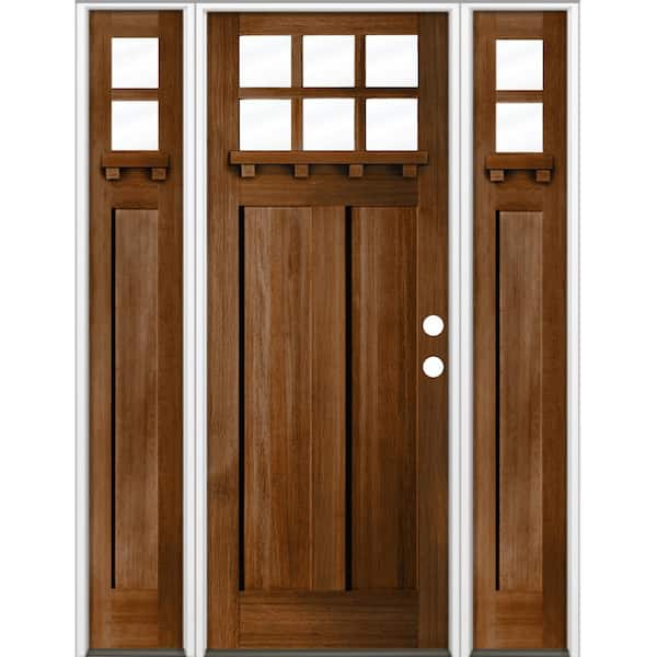 Krosswood Doors 64 in. x 96 in. Craftsman 6-Lite Clear Glass Left Hand Provincial Stain Hemlock Wood Prehung Front Door w/ DSL and DS