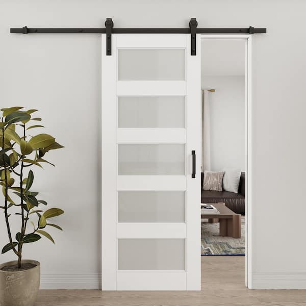 32 in. x 80 in. 5-Lite Frosted Glass White Primed MDF Sliding Barn Door with Hardware Kit and Soft Close for Bathroom