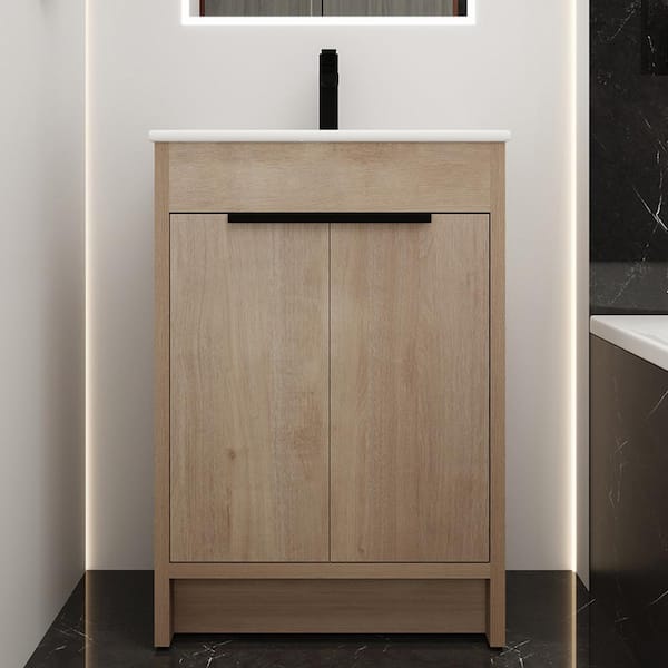 24 in. W x 18.31 in. D x 34.25 in. H Single Ceramic Sink Top Freestanding Bath Vanity in Plain Light Oak with White