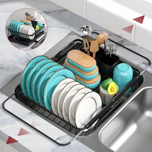 Drying Dish Rack with Drainboard for Kitchen Counter and Sink Stainless Steel in Black