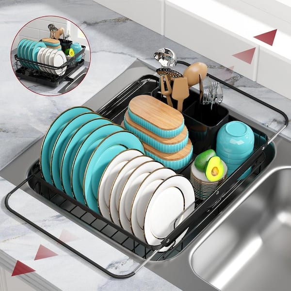 Unbranded Drying Dish Rack with Drainboard for Kitchen Counter and Sink Stainless Steel in Black