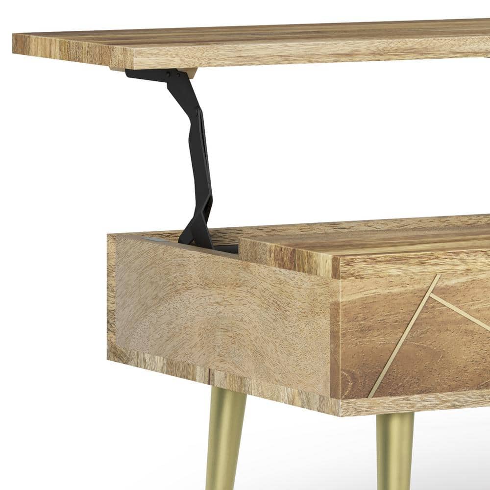 Rectangular Mango Wood Lift-Top Coffee Table with Brass Inlay