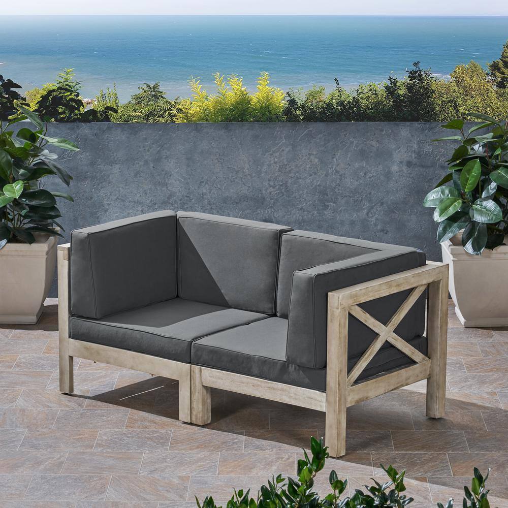 Noble House Brava Weathered Grey 2Piece Wood Outdoor Loveseat with