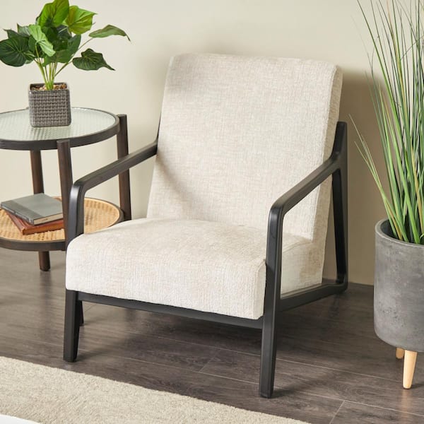 Litton Lane Cream Mid Century Modern Boucle Polyester Accent Chair with Black Wood Frame
