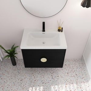 28 in. Floating Wall Mounted Bathroom Vanity Black Storage Cabinet with White Single Sink, 2-Drawers for Small Space