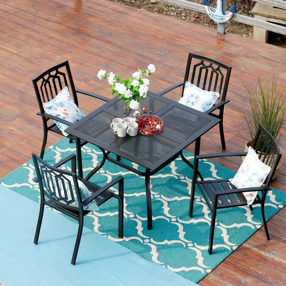 PHI VILLA Black 5Piece Metal Outdoor Patio Dining Set with Square