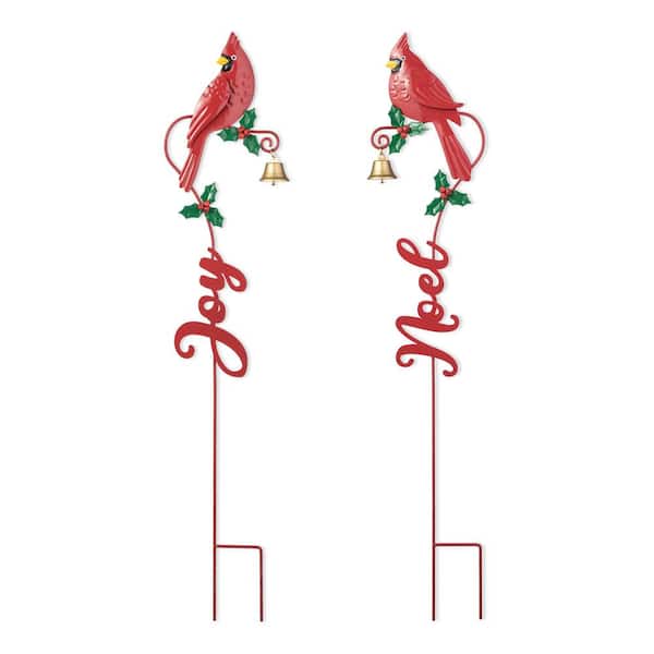 Glitzhome 36 in. H Set of 2 Christmas Metal Cardinal JOY and NOEL with Bell Yard Stake or Wall Decor