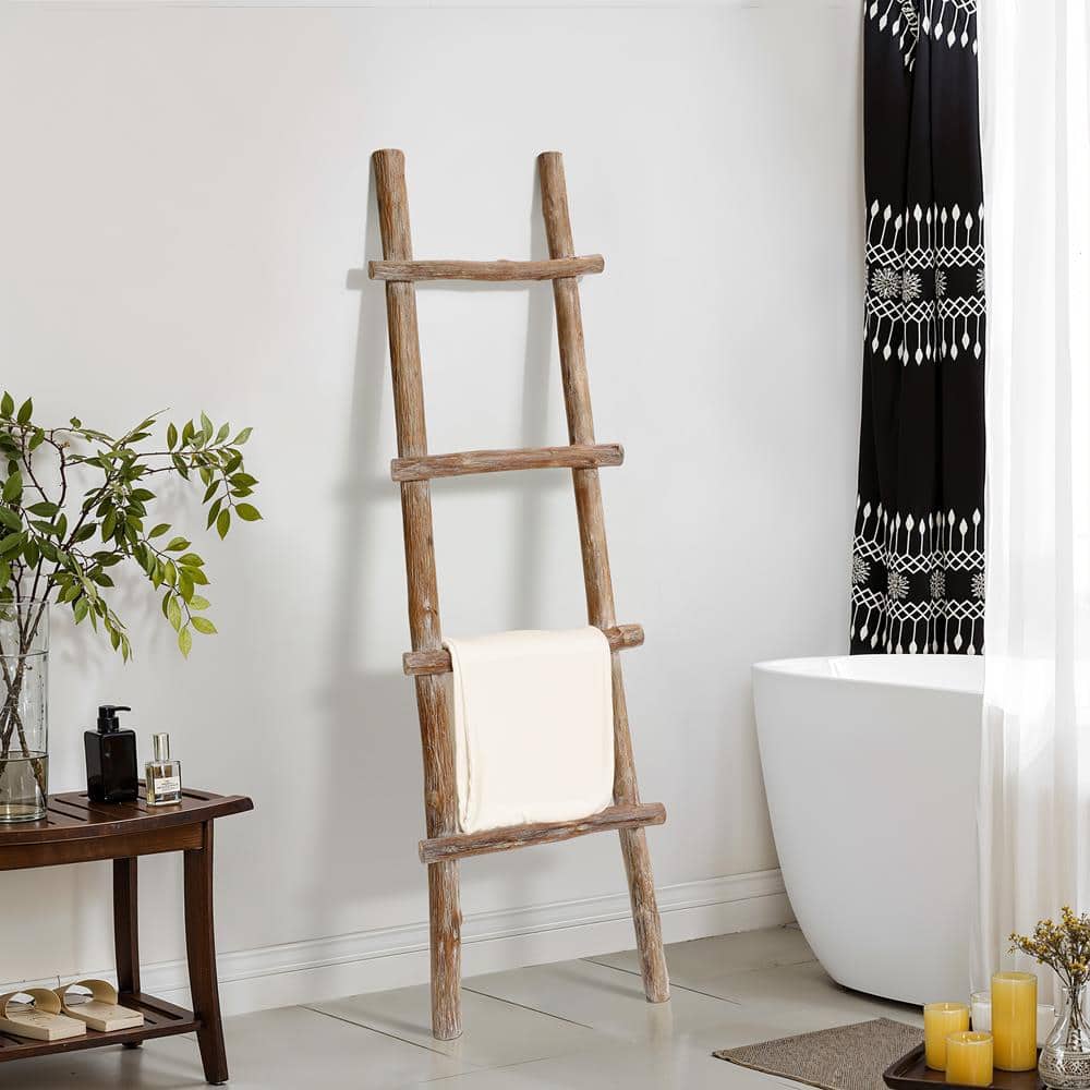 Natural Solid Wood 59-Inch 4-Rung Rustic Blanket Ladder