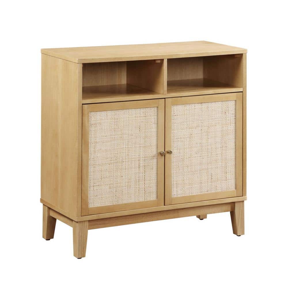 Natural Wood 31 in. Sideboard Storage Cabinet with 2 Rattan Doors and Adjus