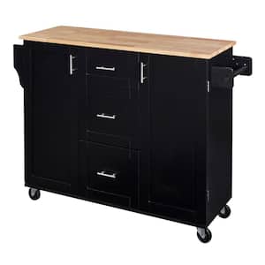 Black Wooden 51 in. Kitchen Island on Wheels with 3 Drawers, 2 Slide-Out Shelf & Internal Storage Rack & Rubber Wood Top