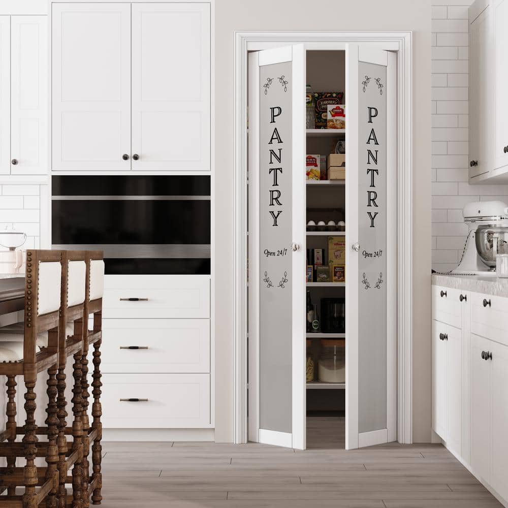 30in x 80in White MDF Pivot Door with Frosted Glass