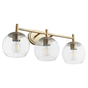 Lyon 3-Light - 100-Watt Medium Lamp Base Light Vanity 24 in. Width with 3 Clear Glass Diffusers Aged Brass