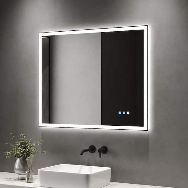 40 in. W x 32 in. H Rectangular Framed LED Light Anti-Fog Wall Bathroom Vanity Mirror in Black Front Light and Backlit