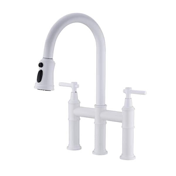 Unbranded Double Handle Bridge Kitchen Faucet with Pull-Down Sprayhead in White