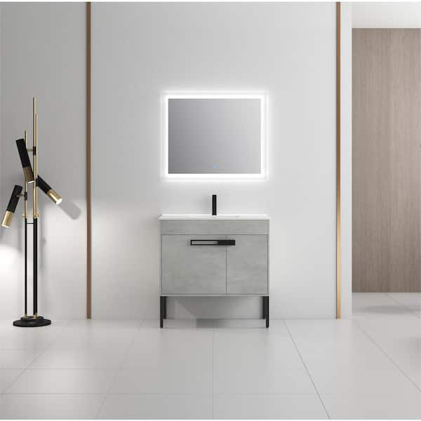 Unbranded 36 in. W x 18 in. D x 35 in. H Freestanding/Wall Single Sink Bath Vanity in Cement Grey with Ceramic Top in. White