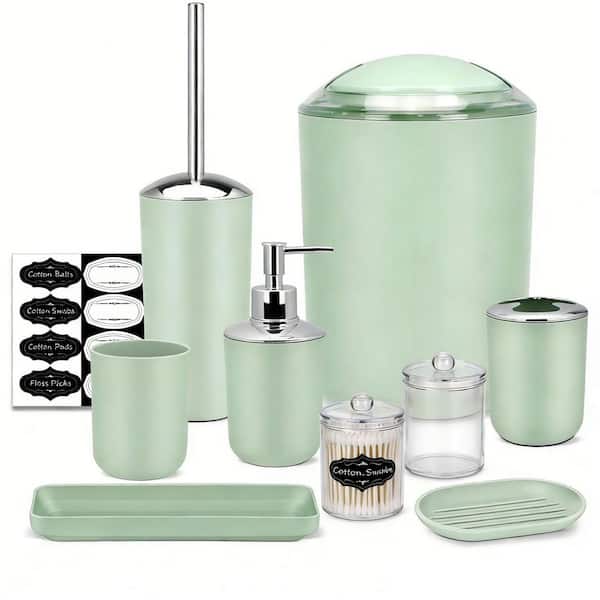 9-Piece Bathroom Set with Trash Can, Toothbrush Holder & Cup, Soap Dispenser & Dish, Toilet Brush, Tray in Light Green