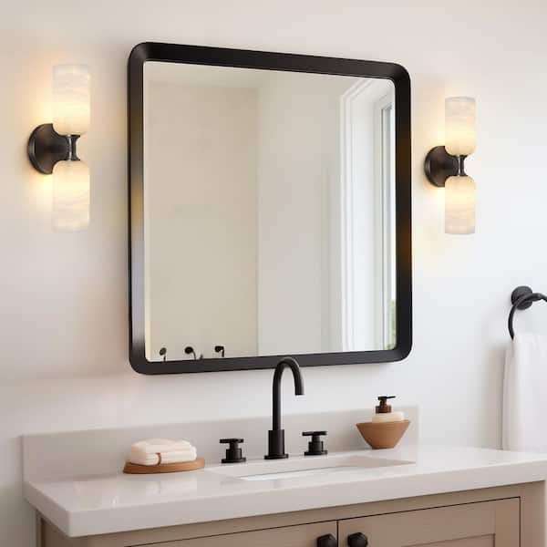 14 in. 2-Light Dimmable LED Black Wall Sconce, Simple Alabaster Shade, Wall Lamp for Bedroom, Bathroom (1 Piece)
